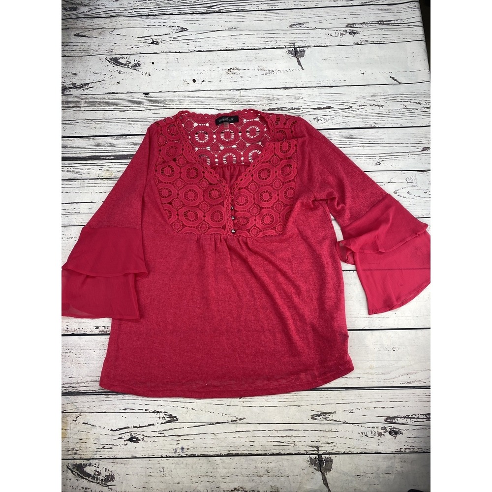 August Silk Pink Crochet Lace Ruffle Sleeve Tunic Top Women's Size M